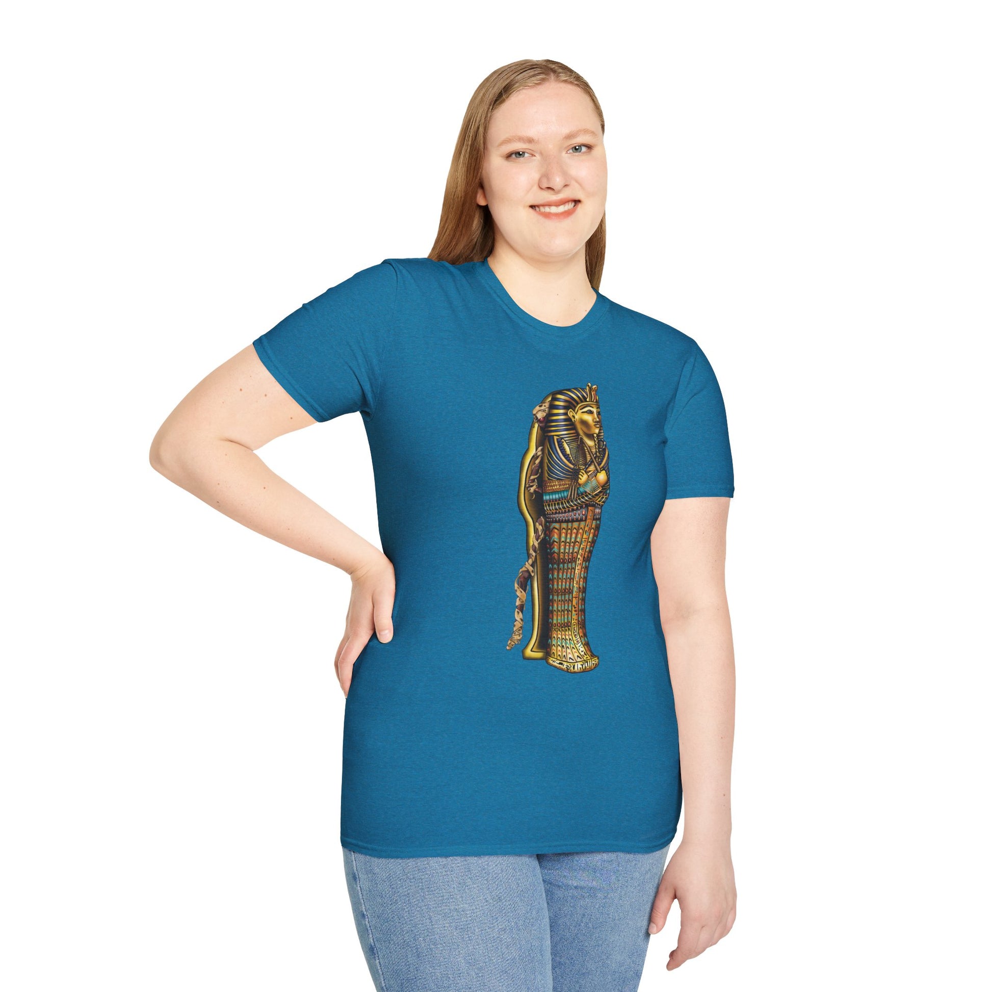 Woman wearing a blue t-shirt featuring an illustration of an Egyptian sarcophagus, with a mummy stepping out of it and glowing red eyes.