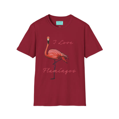 Red unisex short-sleeve tee with a fabulously pink flamingo strutting its stuff and the words “I love flamingos” — for anyone whose spirit animal stands on one leg.