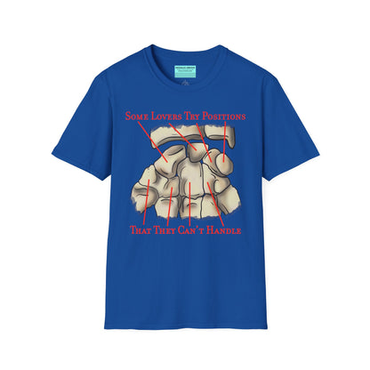 Royal blue t-shirt featuring an anatomical drawing of the carpal bones, with the mnemonic 'Some lovers try positions that they can't handle' displayed.