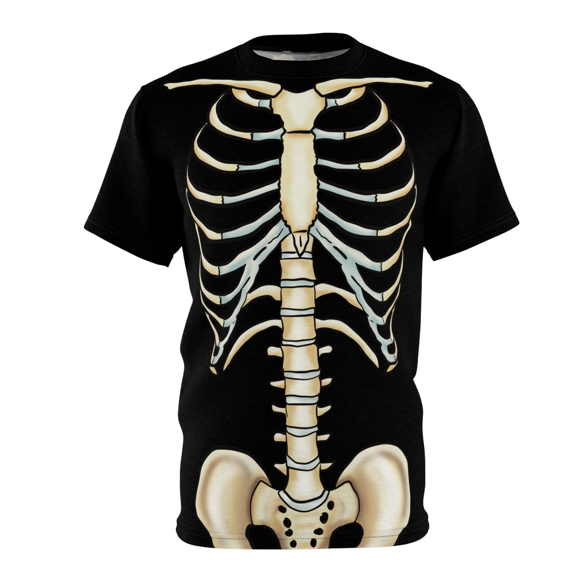 Anterior view of a unisex black athletic t-shirt with a detailed anatomical skeleton design that looks like an x-ray—perfect for when you want to flex your muscles and your inner structure.