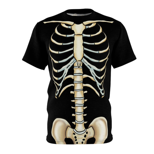 Anterior view of a unisex black athletic t-shirt with a detailed anatomical skeleton design that looks like an x-ray—perfect for when you want to flex your muscles and your inner structure.