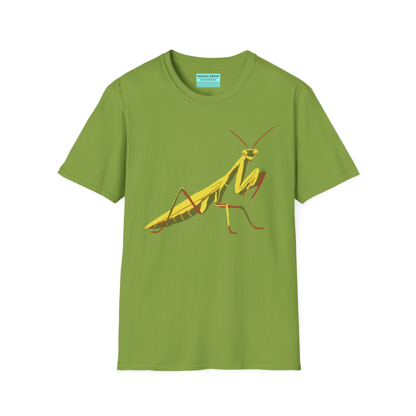 Grass green t-shirt featuring an illustration of a green praying mantis on the front.