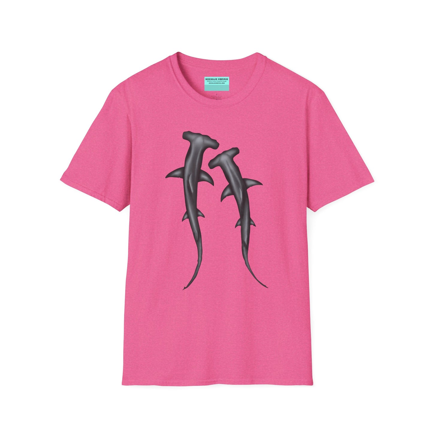 Pink t-shirt featuring an illustration of two hammerhead sharks.