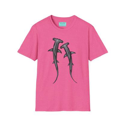 Pink t-shirt featuring an illustration of two hammerhead sharks.