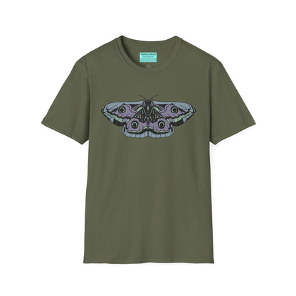 Military green t-shirt featuring a drawing of a blue and purple moth.