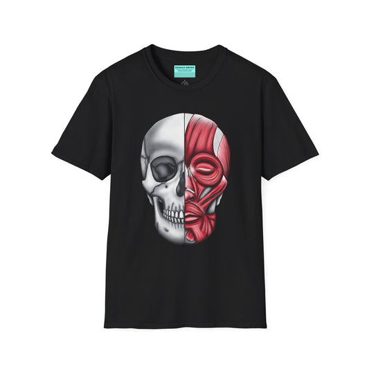 Black shirt featuring an anatomically correct skull illustration, with half of the skull covered by facial muscles.