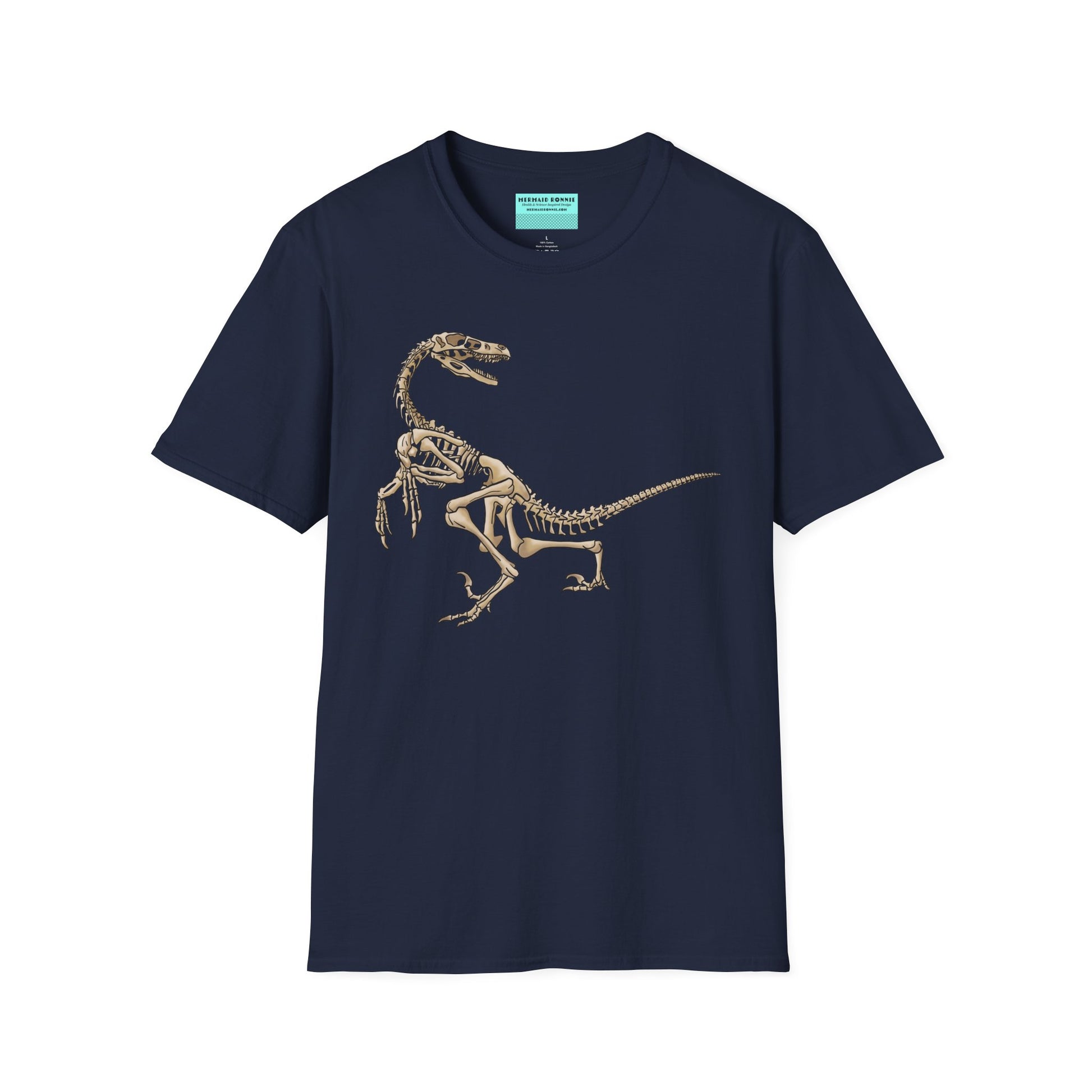 Navy unisex short sleeve t-shirt with a fierce velociraptor skeleton strutting across the chest—because who says extinct can’t be stylish?