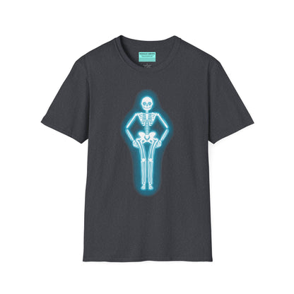 Dark grey t-shirt featuring an illustration of a glowing neon sign in the shape of a skeleton.