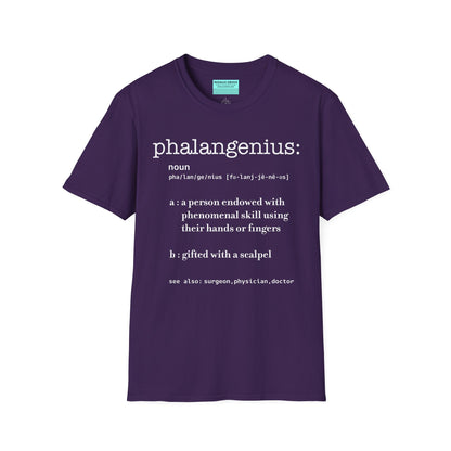 Purple t-shirt featuring a dictionary-style definition of the term 'Phalangenius,' a humorous play on the terms 'phalange' and 'genius,' aimed at surgeons.