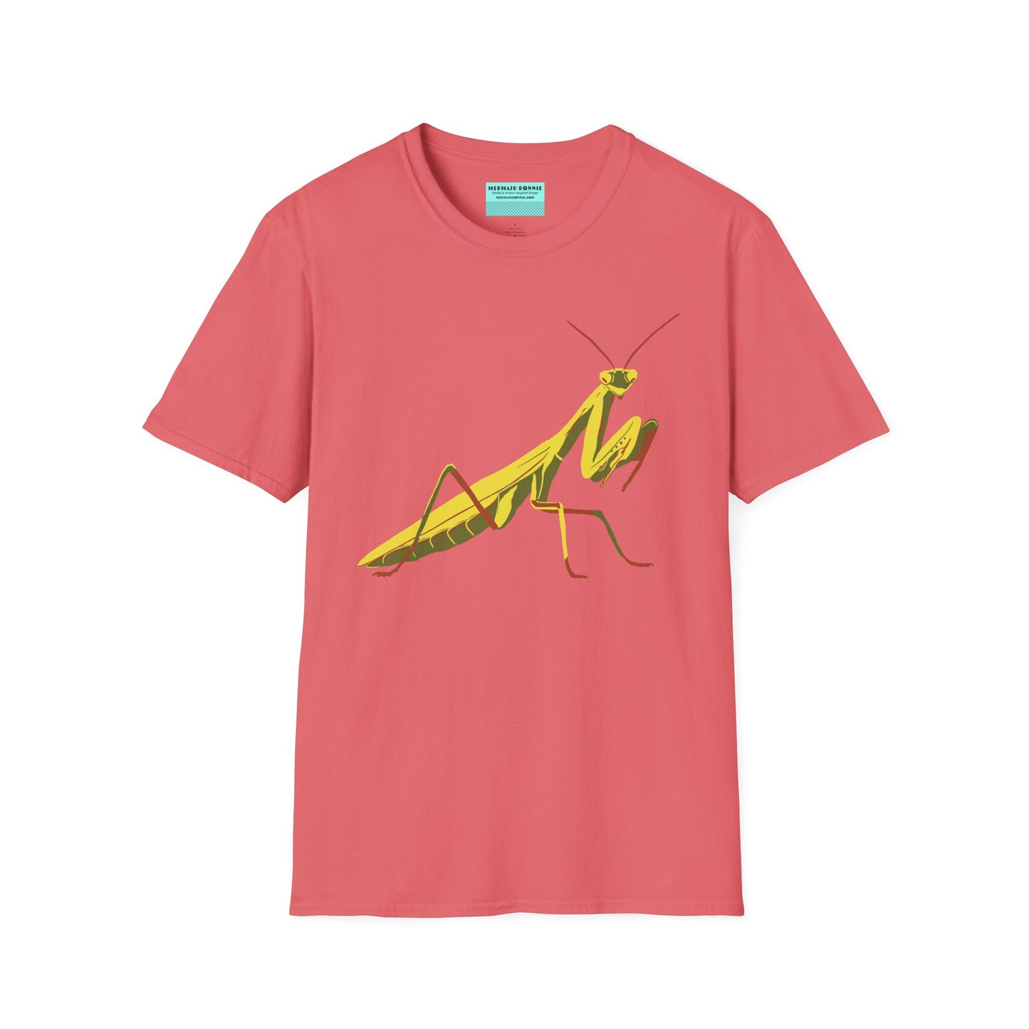 Coral t-shirt featuring an illustration of a green praying mantis on the front.