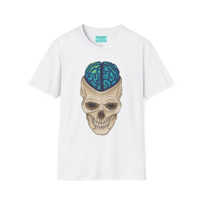 White t-shirt featuring a drawing of an anatomical skull, with a brain emerging from the top.