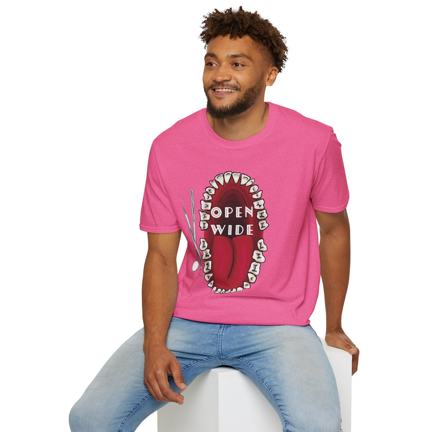 Dental Professional T-Shirt, Open Wide Design with Teeth and Dental Tools for Dentists and Dental Hygienists