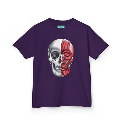 Kids' t-shirt in purple featuring an anatomical drawing of a human skull, with facial muscles illustrated on one half of the skull.