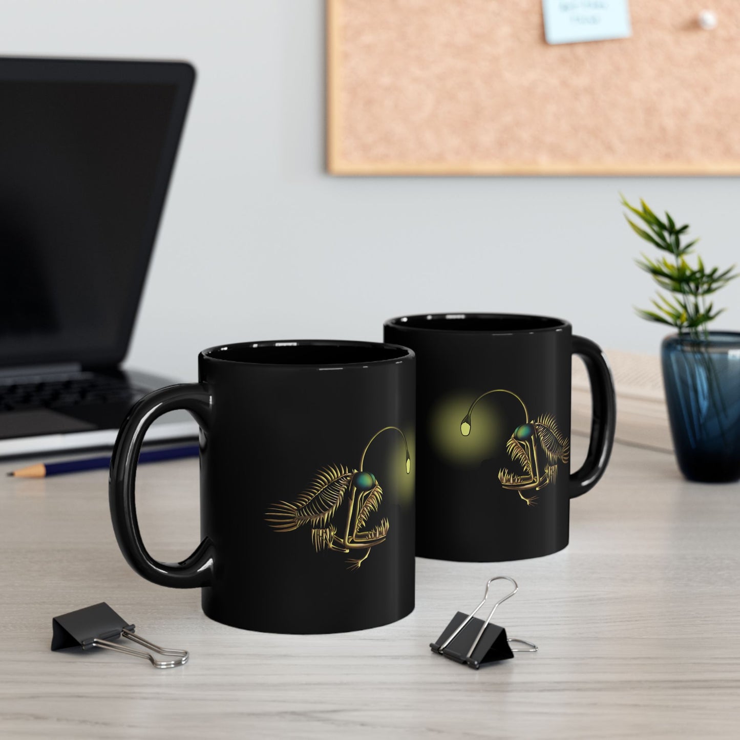 Angler Fish Skeleton Mug: Glowing Bioluminescent Lure Black Ceramic Coffee Mug