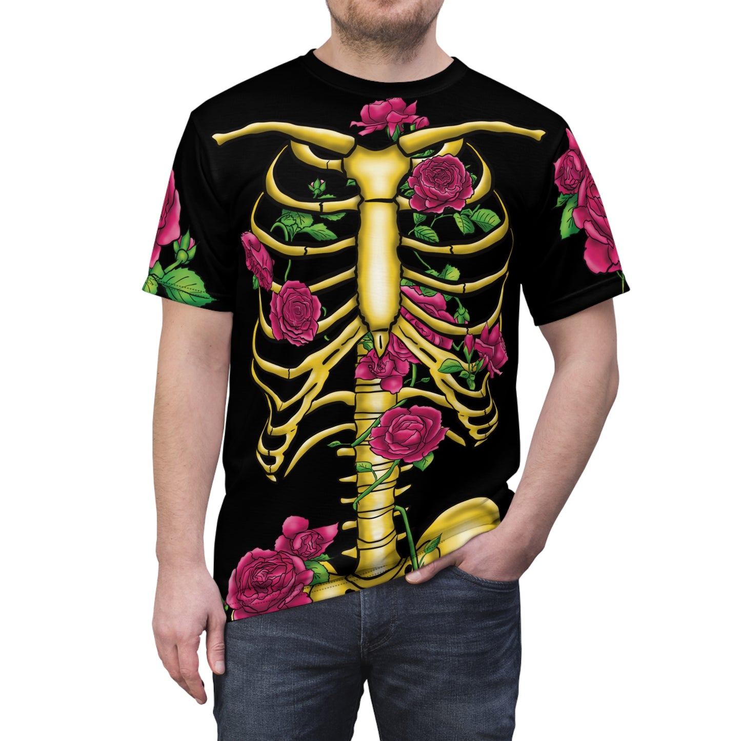 Front view of a man wearing a unisex black athletic t-shirt featuring a gold anatomical skeleton adorned with blooming pink roses—because strength and beauty aren't mutually exclusive, and your bones deserve to blossom.