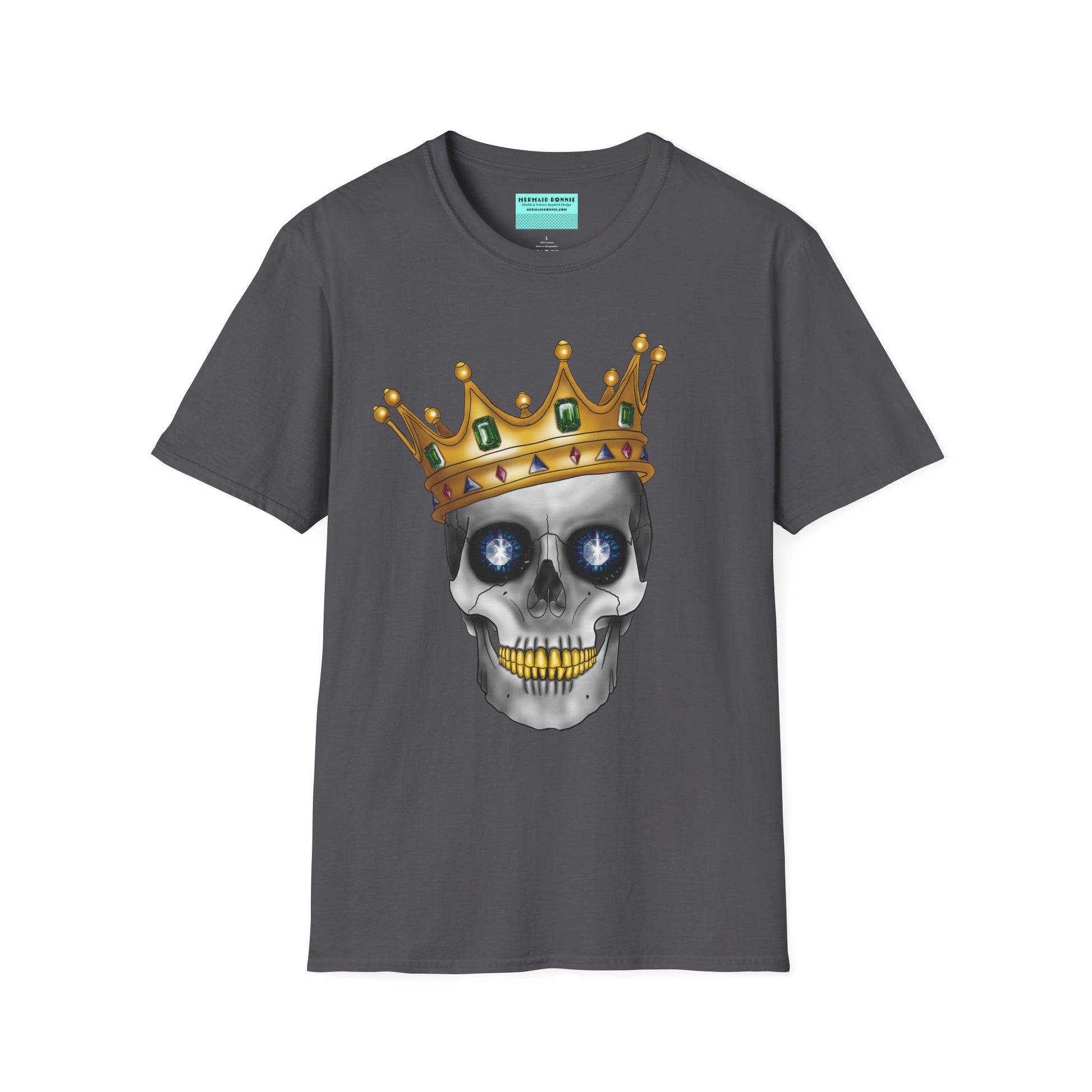 Charcoal grey t-shirt featuring an anatomical skull wearing an ornate crown, with gold teeth, large sapphire gemstones in the eye sockets, and emeralds and rubies decorating the crown.