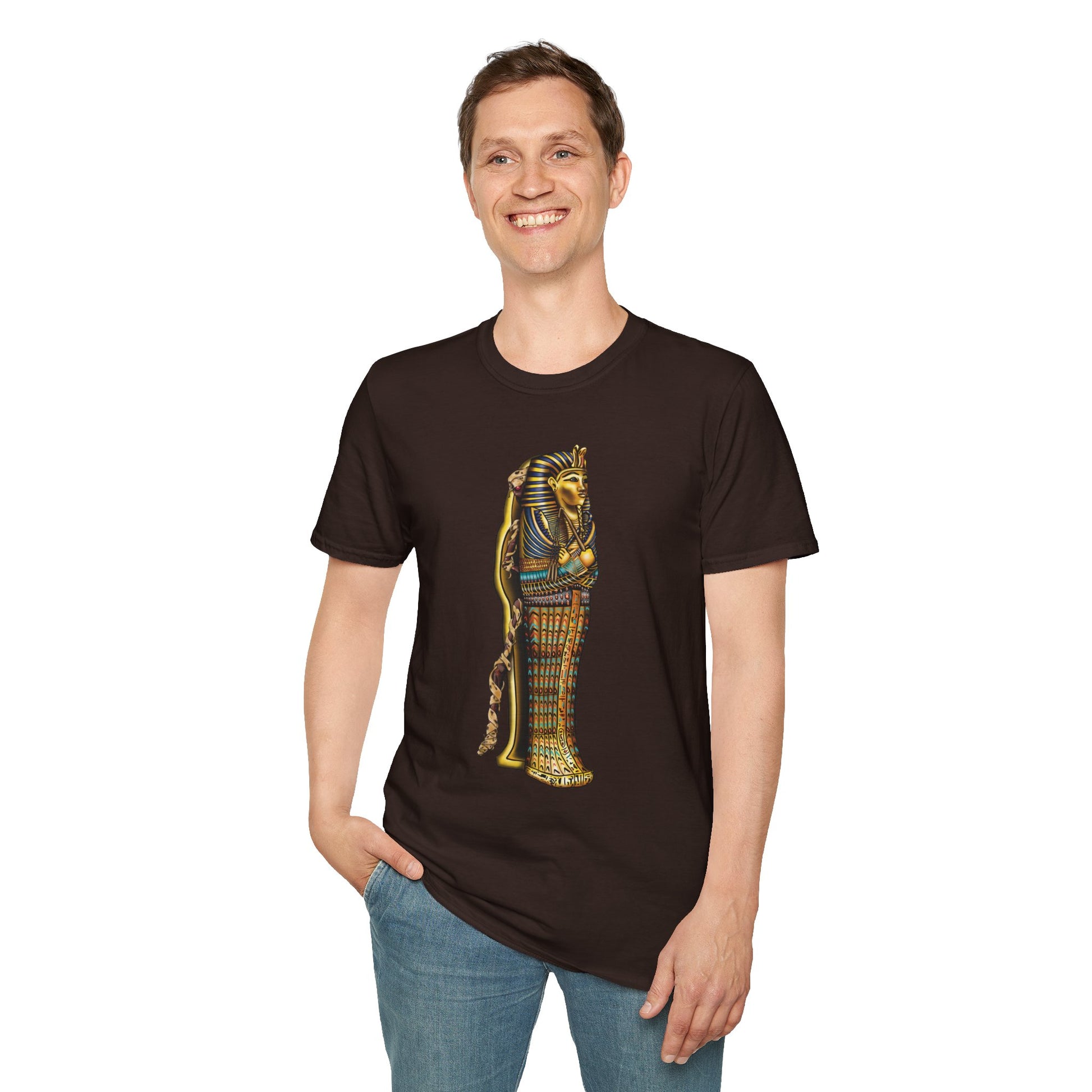 Man wearing a brown t-shirt featuring an illustration of an Egyptian sarcophagus, with a mummy stepping out of it and glowing red eyes.