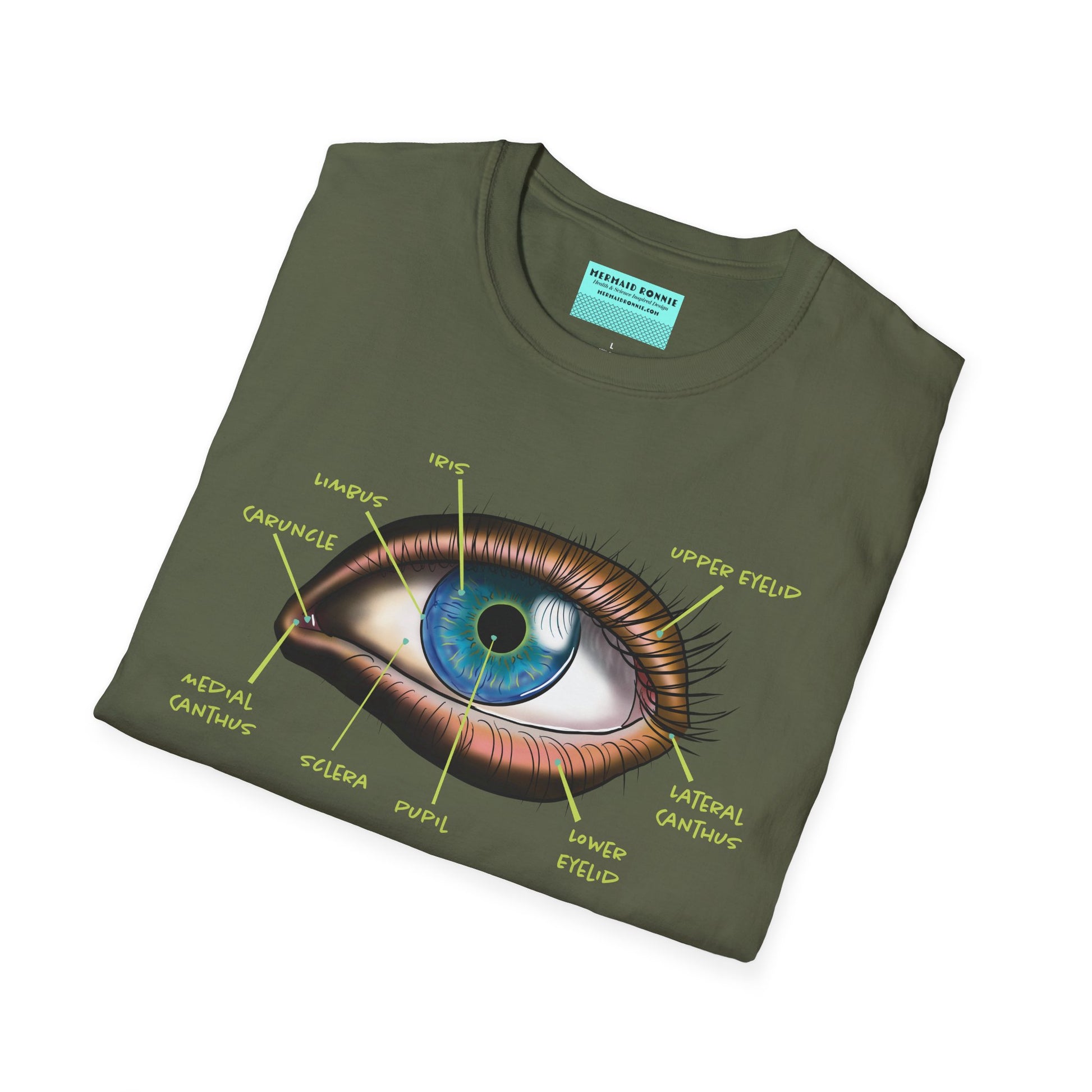 Folded green shirt featuring an anatomical diagram of an eye, with labeled parts of the eye displayed.