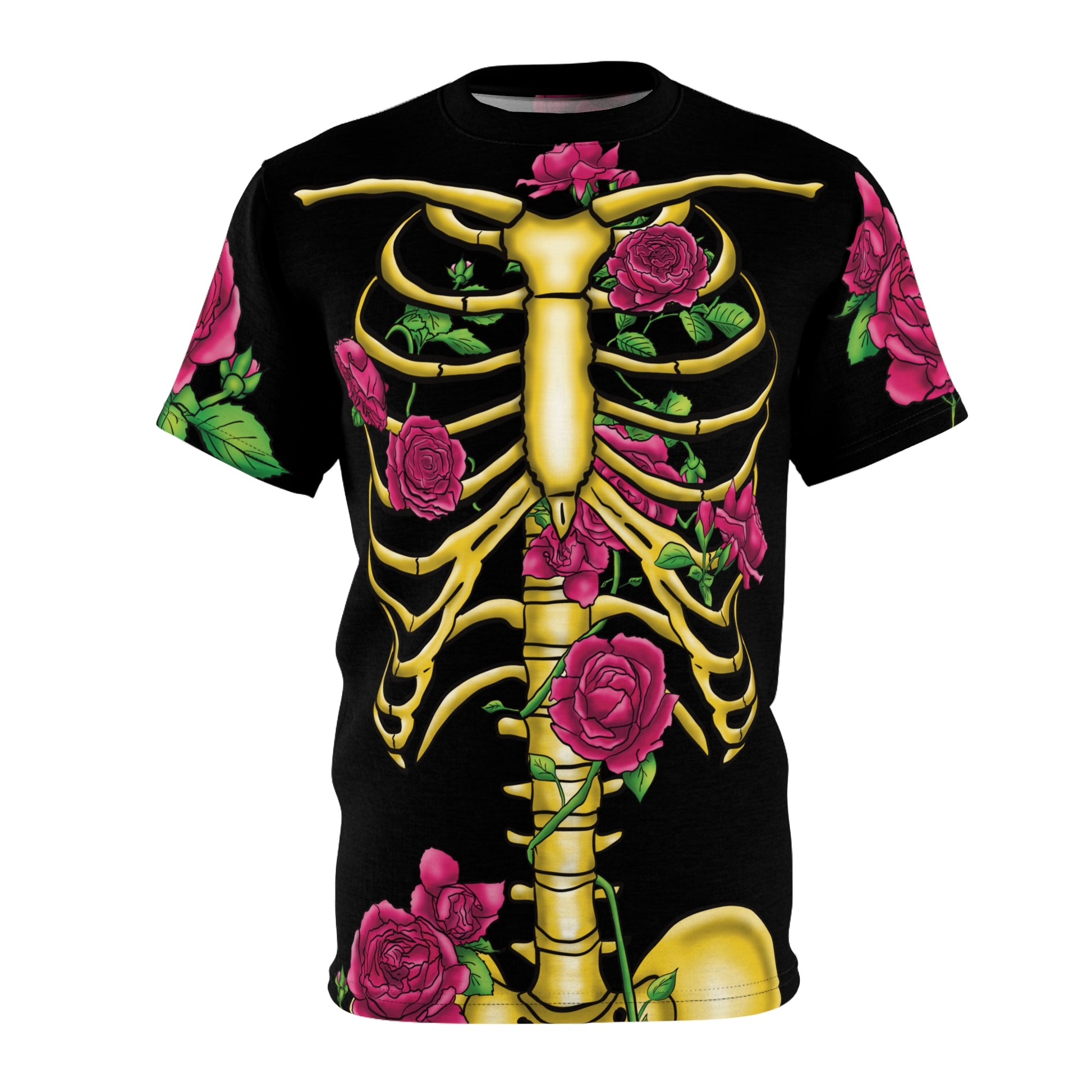 Front view of a unisex black athletic t-shirt featuring a gold anatomical skeleton adorned with blooming pink roses—because strength and beauty aren't mutually exclusive, and your bones deserve to blossom.