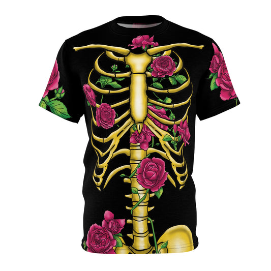 Front view of a unisex black athletic t-shirt featuring a gold anatomical skeleton adorned with blooming pink roses—because strength and beauty aren't mutually exclusive, and your bones deserve to blossom.