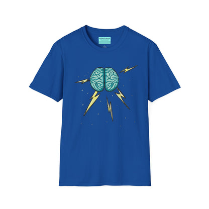 Royal blue unisex short sleeve tee featuring an illustration of a brain with lightning bolts and rain pouring from it, giving a literal twist to the term "brainstorm"—because sometimes, even the best ideas need a little weathering!