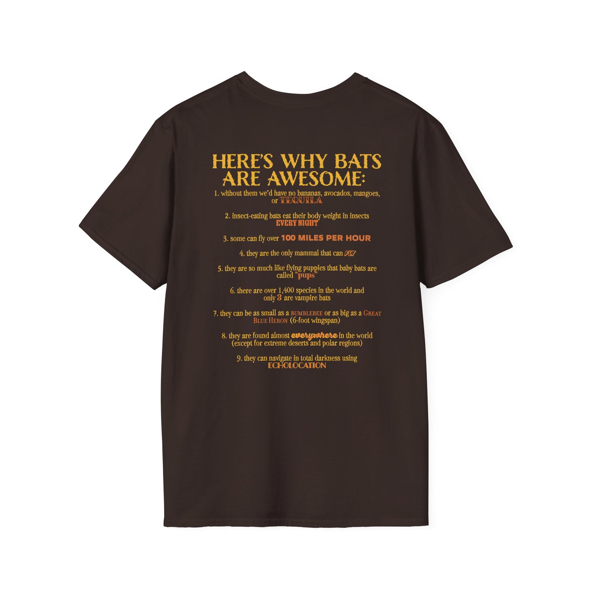 Back of a brown t-shirt that reads “Here’s why bats are awesome,” followed by a fun list of 9 bat facts—because who doesn’t want wearable proof that bats are the underrated rockstars of the animal kingdom?
