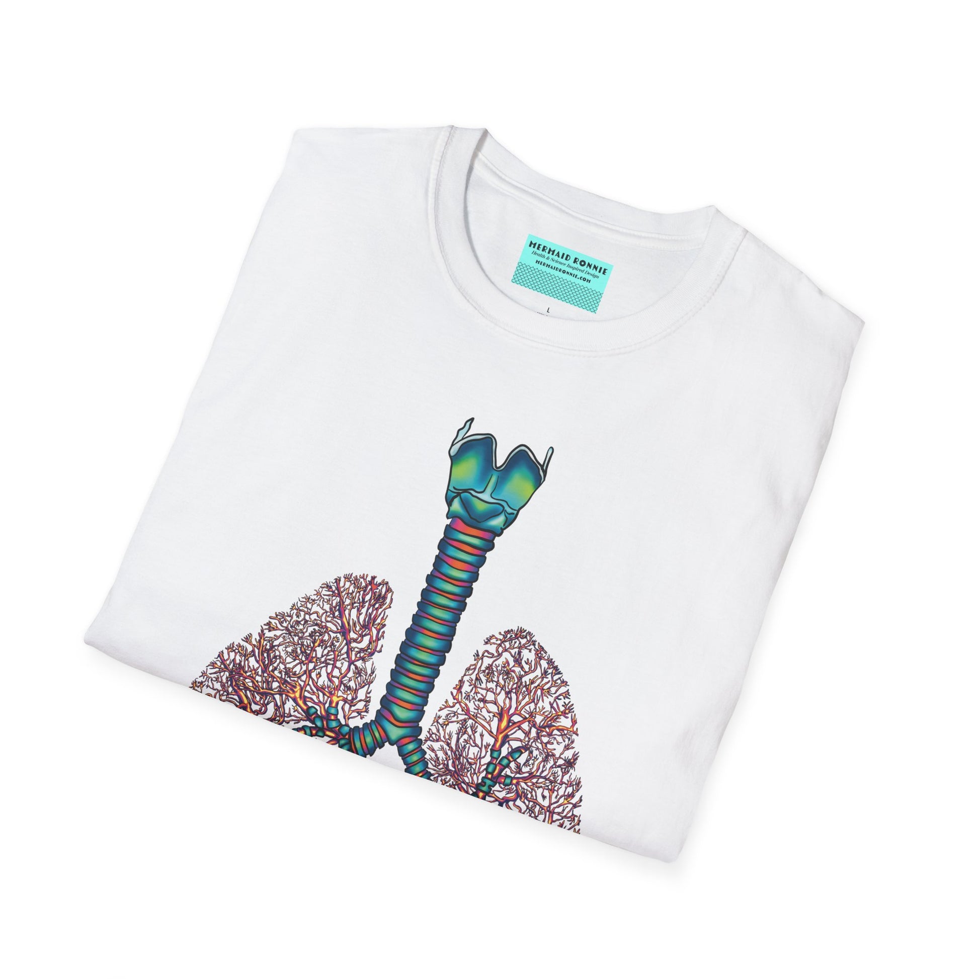 Folded white t-shirt featuring an illustration of anatomical lungs, including the bronchi, trachea, and larynx.