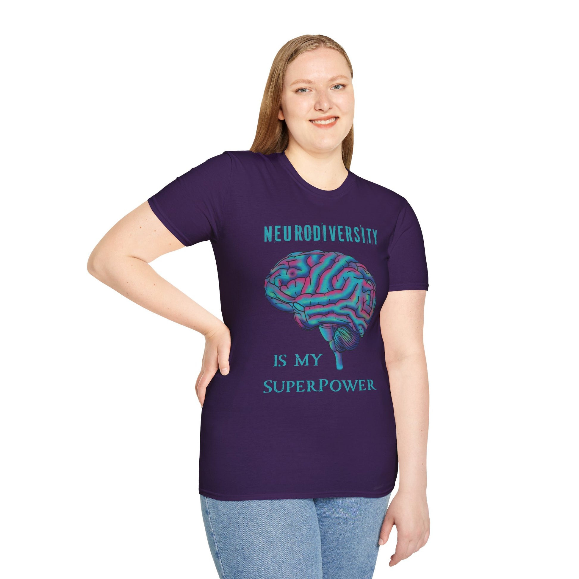 Woman wearing a purple t-shirt featuring an anatomical drawing of a brain, with the phrase 'Neurodiversity is my superpower' printed on it.