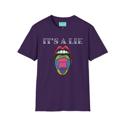 Purple short-sleeve unisex t-shirt featuring a classic tongue taste map with the words “It’s a lie” boldly above it—busting the myth that different parts of your tongue taste different things. Sweet, salty, sour, bitter? Taste buds don’t discriminate!