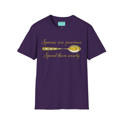 Purple t-shirt featuring a picture of a gold spoon and the phrase 'Spoons are precious, spend them wisely.'