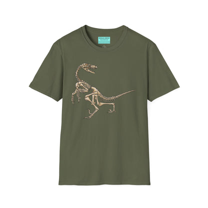 Military green unisex short sleeve t-shirt with a fierce velociraptor skeleton strutting across the chest—because who says extinct can’t be stylish?