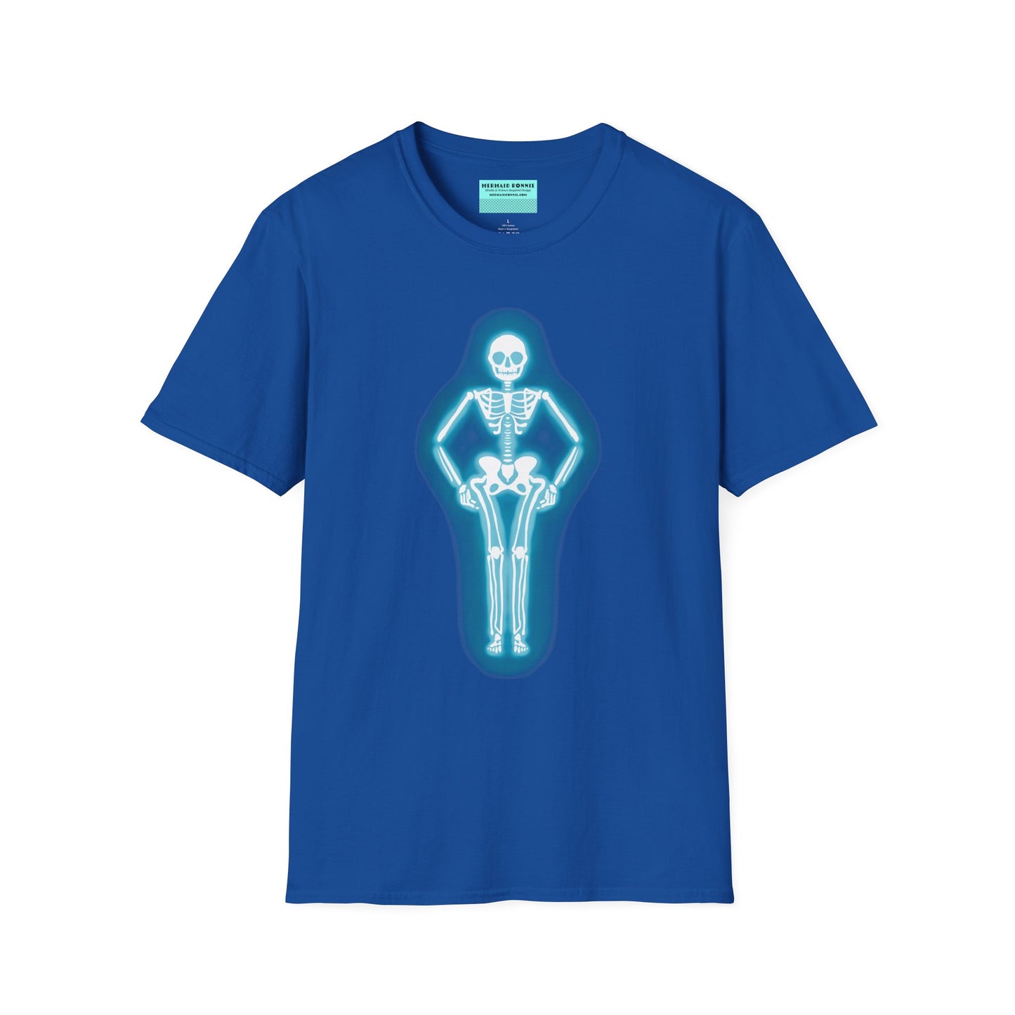 Royal blue t-shirt featuring an illustration of a glowing neon sign in the shape of a skeleton.