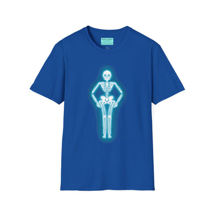 Royal blue t-shirt featuring an illustration of a glowing neon sign in the shape of a skeleton.
