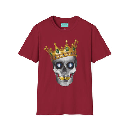 Red t-shirt featuring an anatomical skull wearing an ornate crown, with gold teeth, large sapphire gemstones in the eye sockets, and emeralds and rubies decorating the crown.