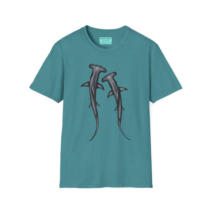 Tropical blue t-shirt featuring an illustration of two hammerhead sharks.