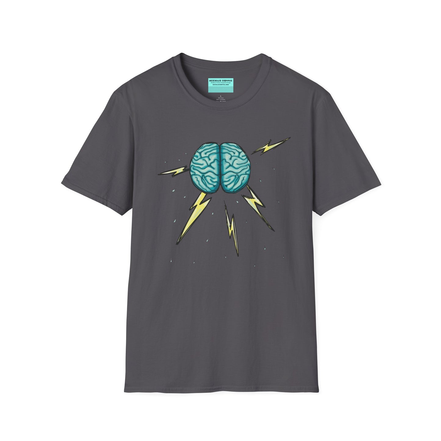 Charcoal grey unisex short sleeve tee featuring an illustration of a brain with lightning bolts and rain pouring from it, giving a literal twist to the term "brainstorm"—because sometimes, even the best ideas need a little weathering!