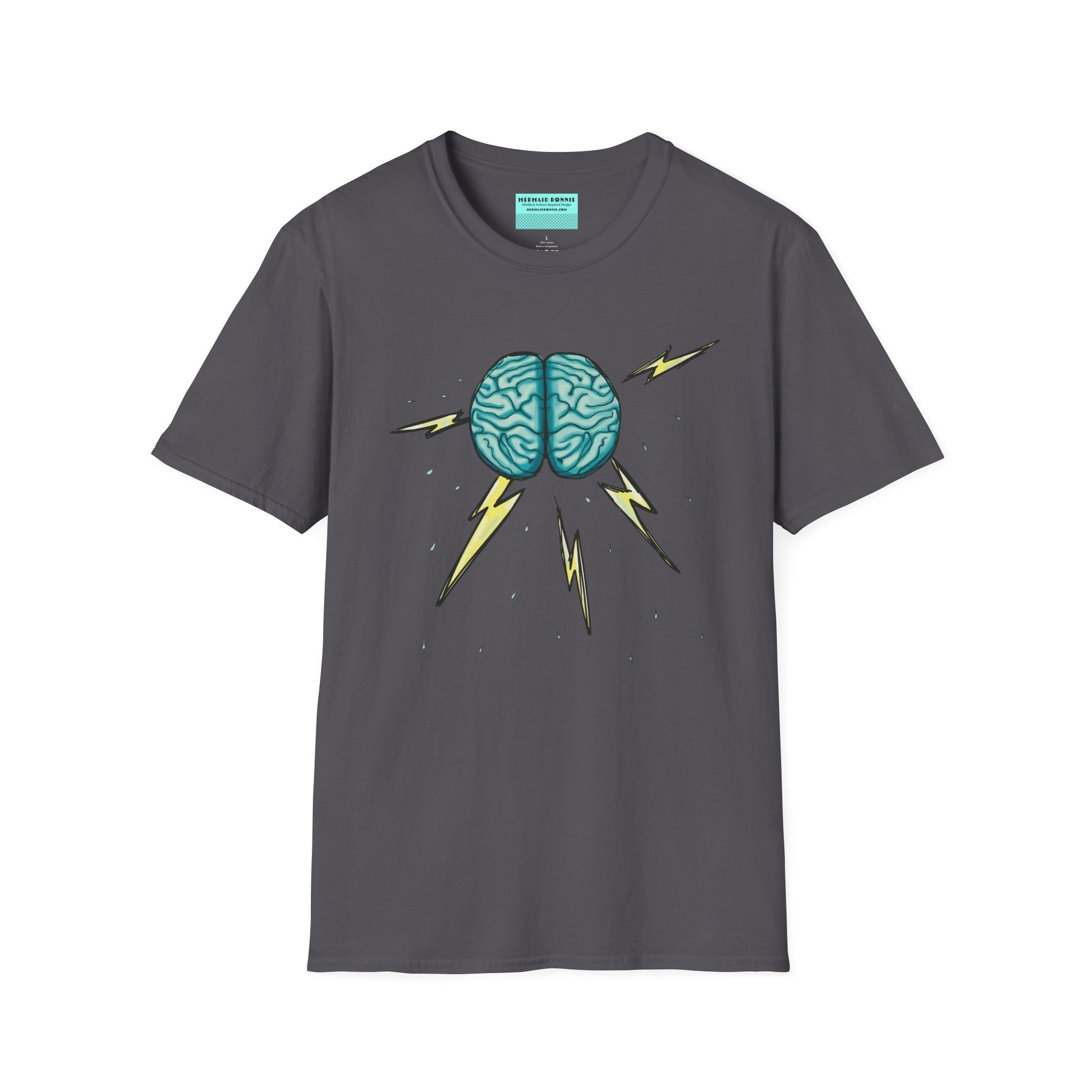 Charcoal grey unisex short sleeve tee featuring an illustration of a brain with lightning bolts and rain pouring from it, giving a literal twist to the term "brainstorm"—because sometimes, even the best ideas need a little weathering!