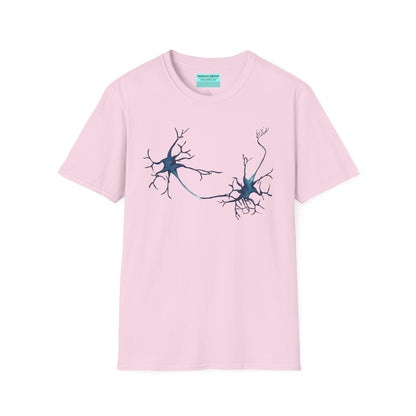 Light pink t-shirt featuring an illustration of two blue neurons extending toward each other and forming a synapse across the front.