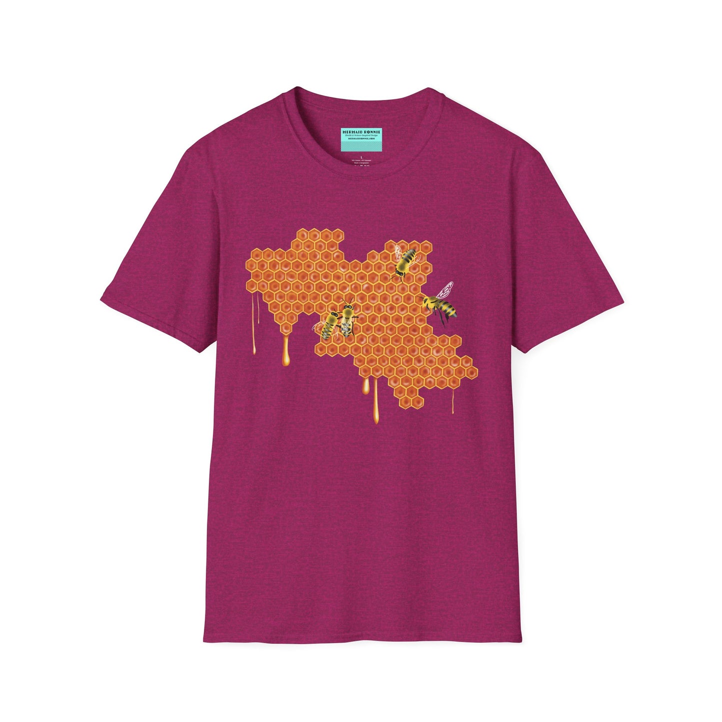 Fuscia t-shirt featuring a picture of honeybees buzzing around a large piece of honeycomb with honey dripping down from it.