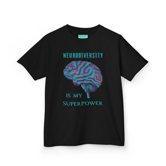 Black unisex kids' t-shirt featuring a drawing of an anatomical brain and the text 'Neurodiversity is my superpower.'
