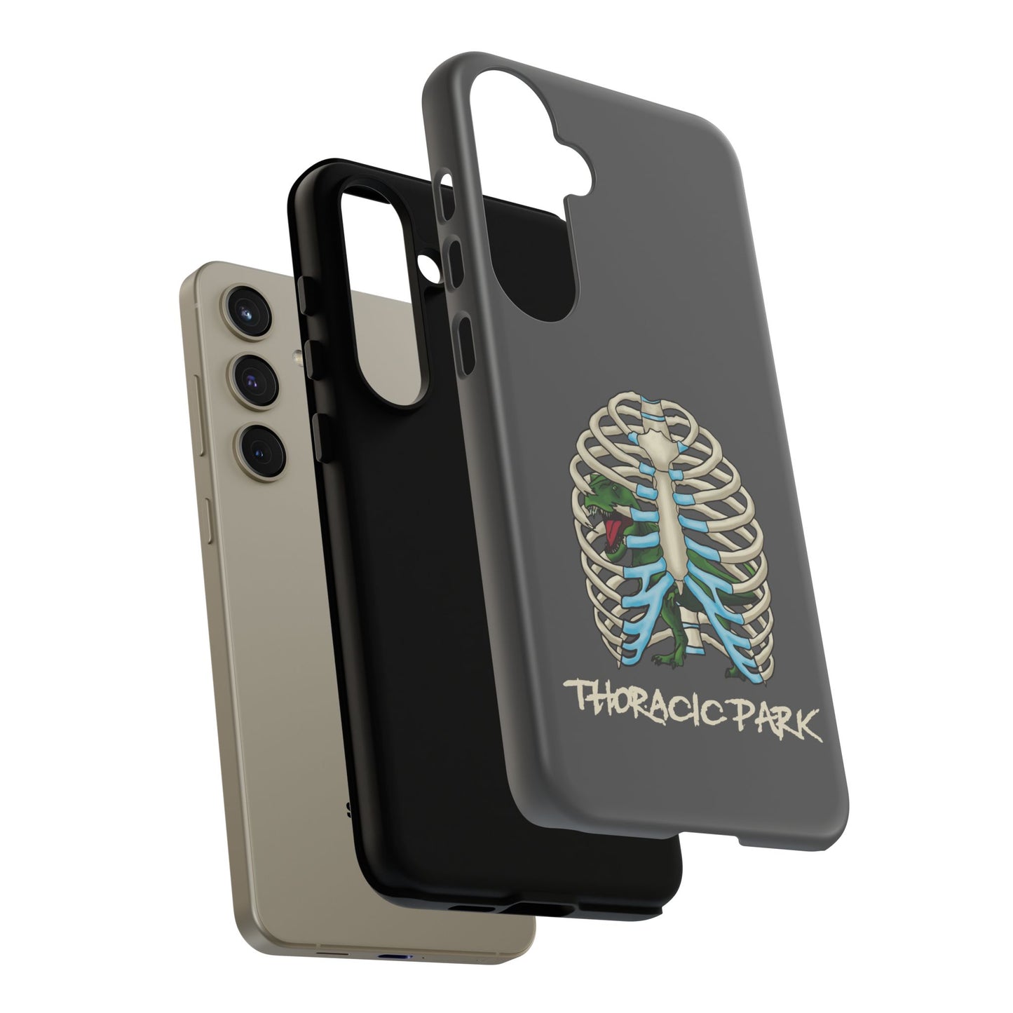 Thoracic Park Phone Case, Dinosaur In Rib Cage Anatomy Pun, Grey Protective Cover for iPhone, Google Pixel, Samsung Galaxy