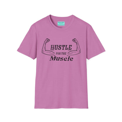 Light purple unisex short sleeve t-shirt with a bold graphic of strong, flexed feminine arms and the empowering phrase "Hustle for the Muscle"—because strength is stylish and lifting is for everyone.