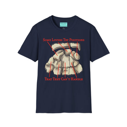 Navy t-shirt featuring an anatomical drawing of the carpal bones, with the mnemonic 'Some lovers try positions that they can't handle' displayed.