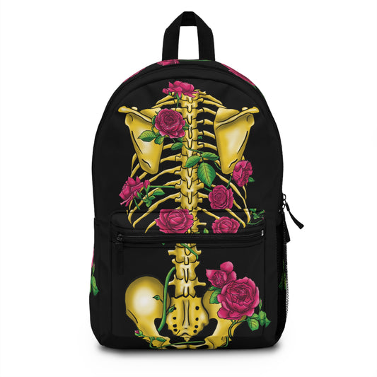 Gothic Skeleton Backpack, Gold Skeleton With Pink Roses, Black Book Bag, Anatomy Backpack