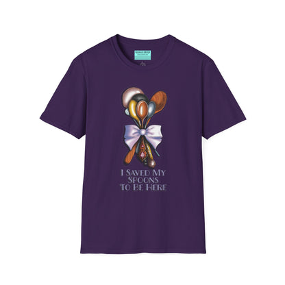 Purple t-shirt with an illustration of a bouquet of spoons and the phrase 'I saved my spoons to be here' printed on the front.