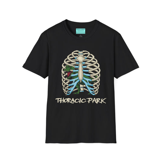 Black unisex short sleeve tee with a clever Jurassic twist—an anatomical rib cage doubles as a prehistoric prison for a tiny T-Rex, with the punny caption "Thoracic Park" below. It's dino-mite meets anatomy class in the best way possible.
