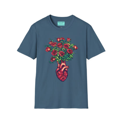 Indigo blue shirt featuring an illustration of an anatomical heart used as a vase, with a bouquet of roses emerging from it.