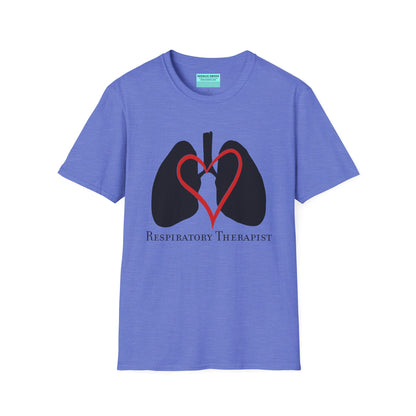Blue unisex short sleeve t-shirt with a graphic illustration of a heart and lungs; the words "respiratory therapist" are printed below the design.