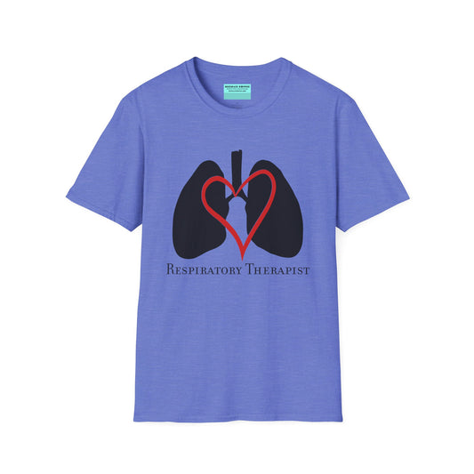 Blue unisex short sleeve t-shirt with a graphic illustration of a heart and lungs; the words "respiratory therapist" are printed below the design.