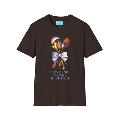 Brown t-shirt with an illustration of a bouquet of spoons and the phrase 'I saved my spoons to be here' printed on the front.